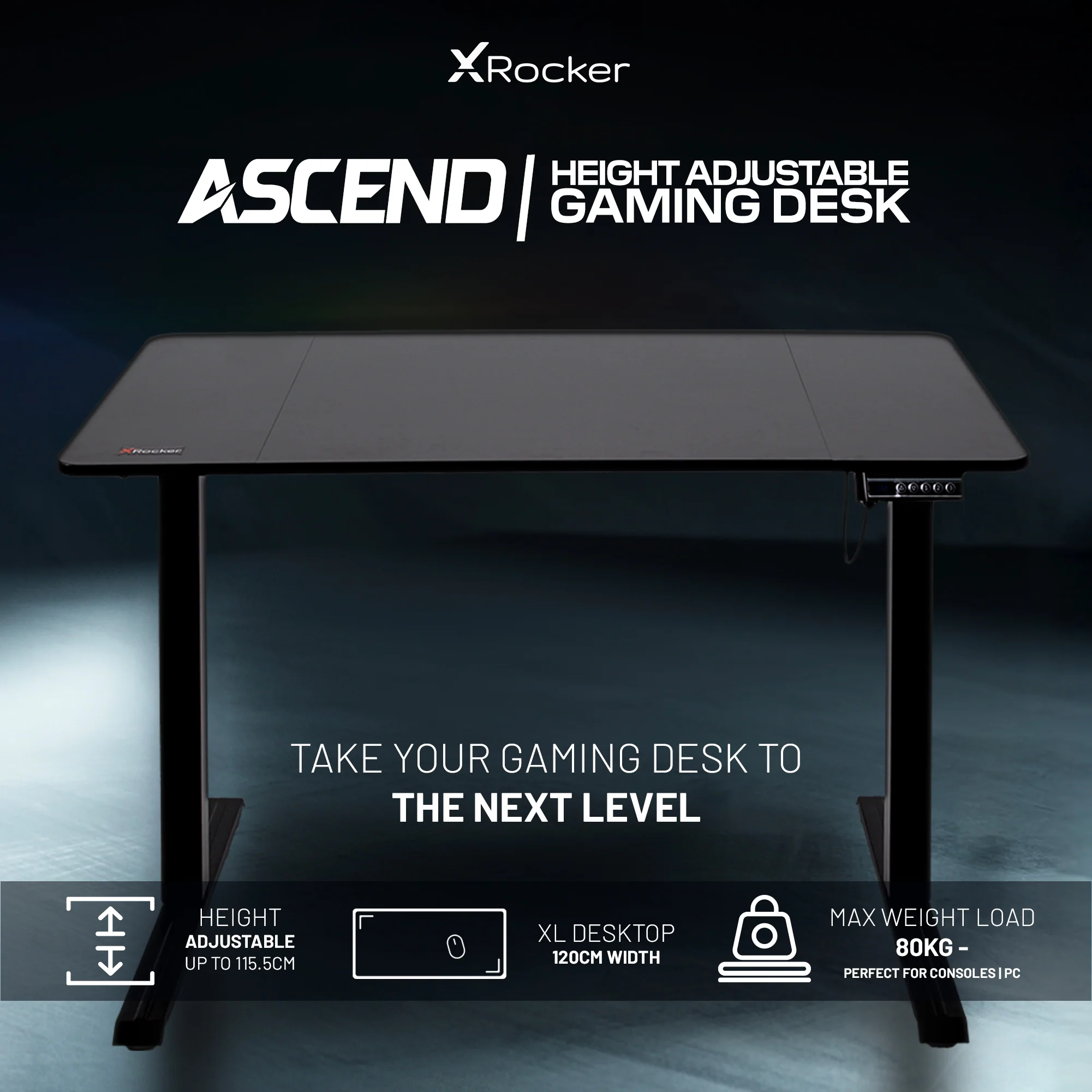Ascend 120cm Electric Height Adjustable Gaming Desk - Black
