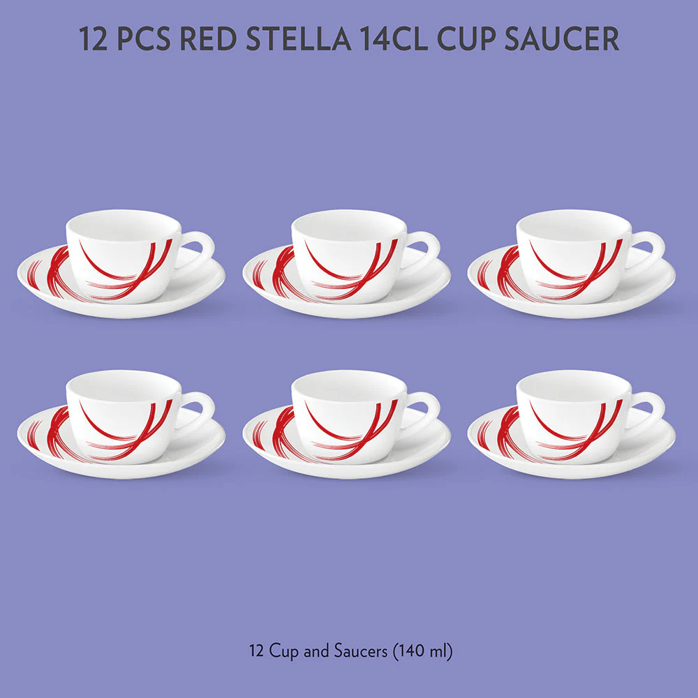 Larah by Borosil Red Stella Cup n Saucer Set, 140ml x 12