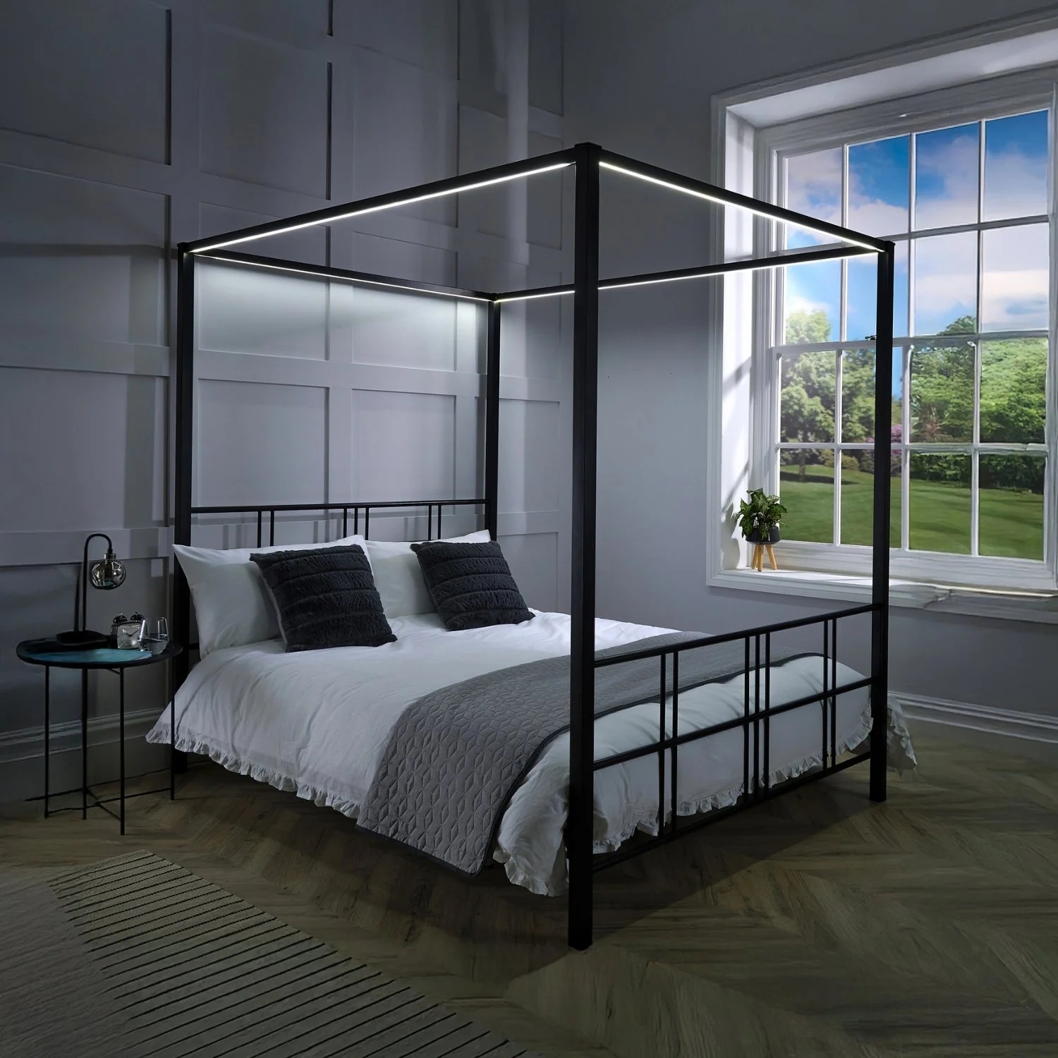 Fern Four Poster Bed with LED Lighting - Black (2 Sizes)