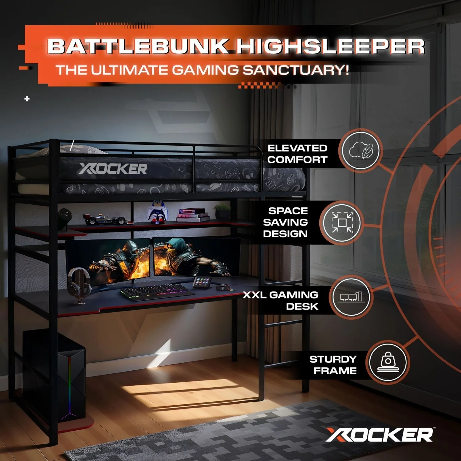 Battlebunk High Sleeper Gaming Bunk Bed with Desk - Black