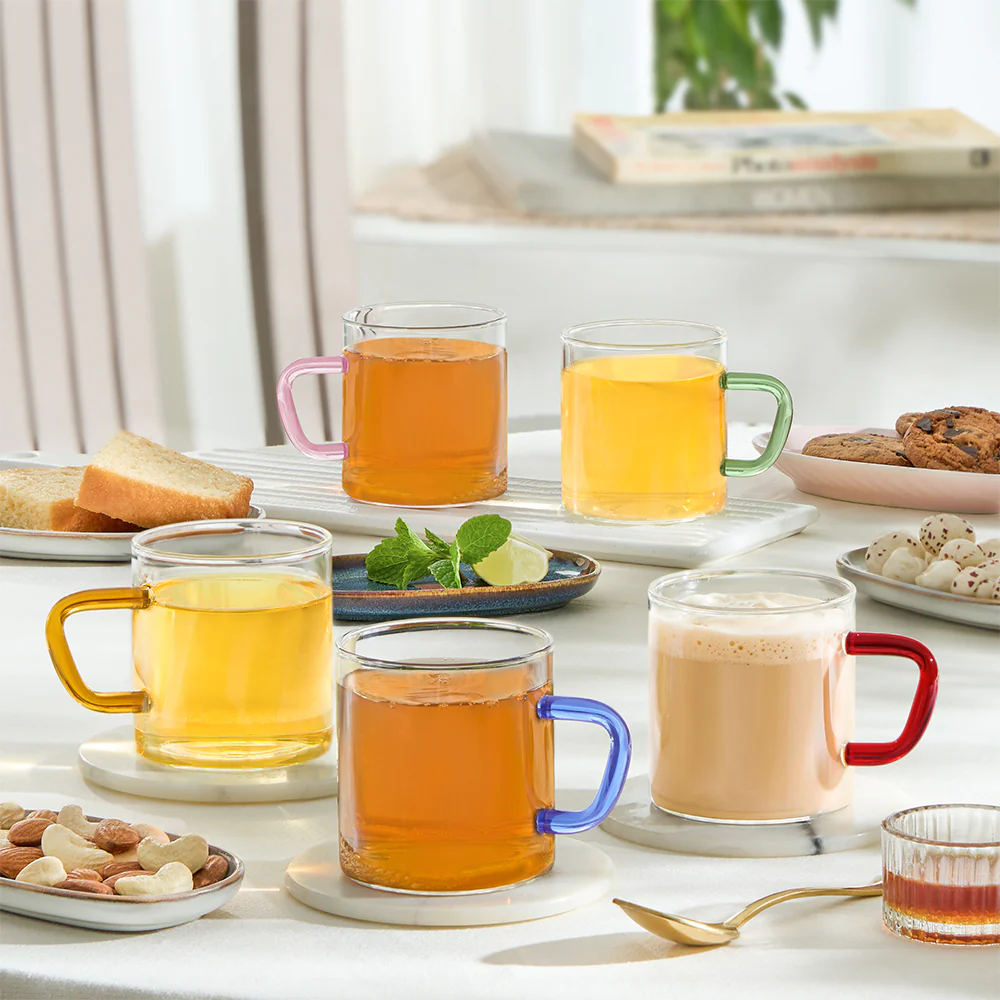 Borosil Yellow Vision Classic Mug Set, 190ml x 6