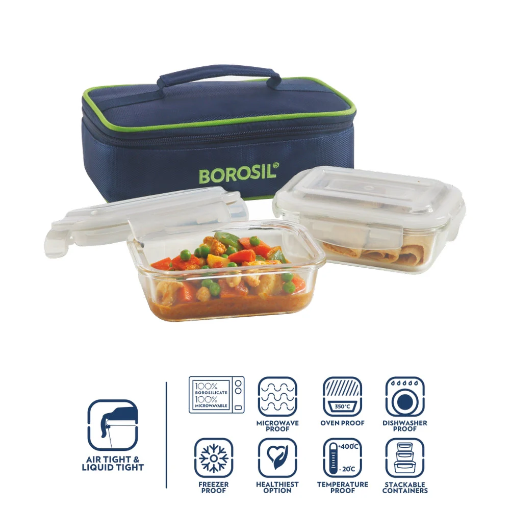 Borosil Blue Glass Lunchbox, Rectangular, 370ml + 370ml