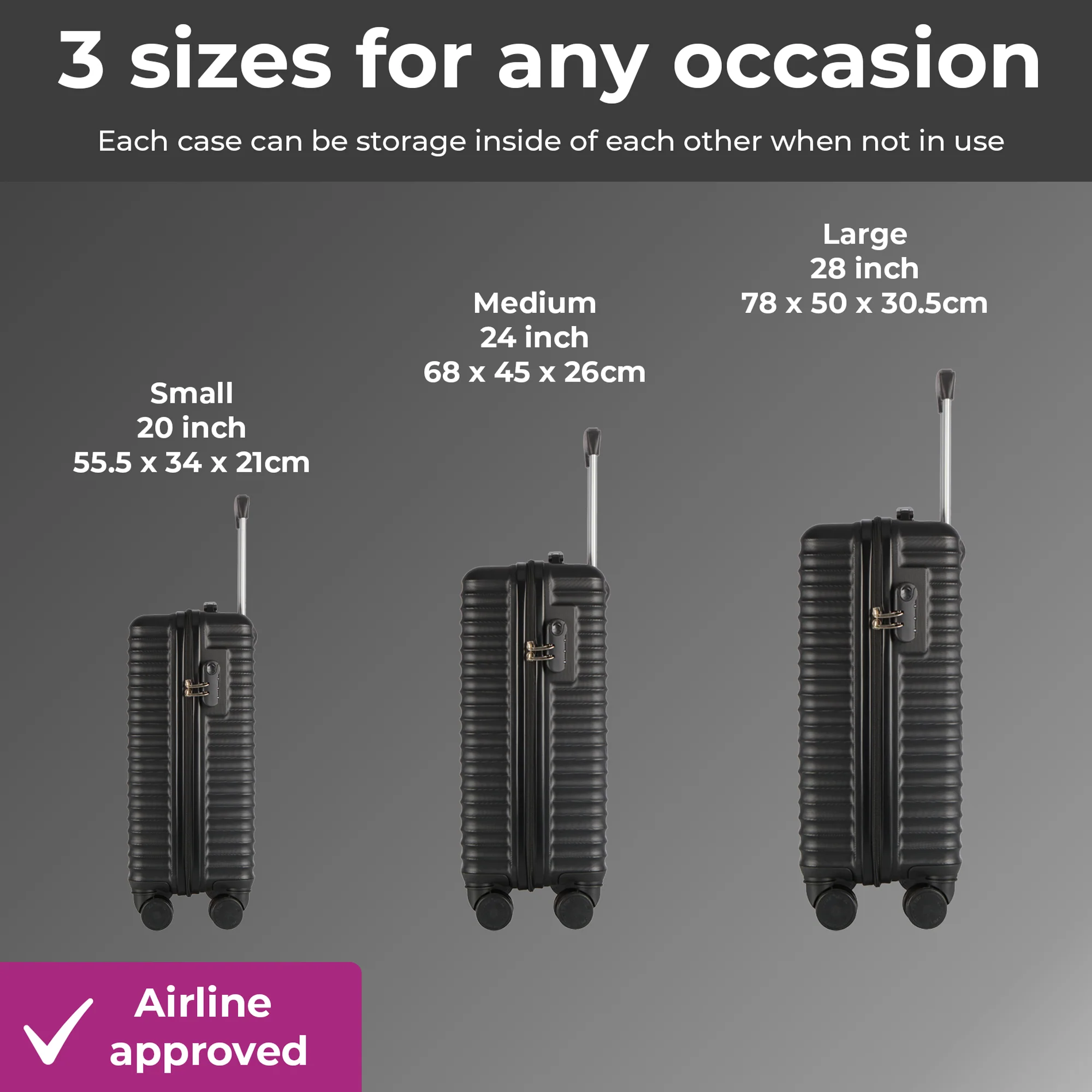 Neo Black 3 Piece Hard Shell Luggage Suitcase Set