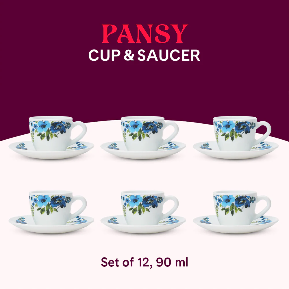Larah by Borosil Pansy Cup n Saucer Set, 90ml x 12