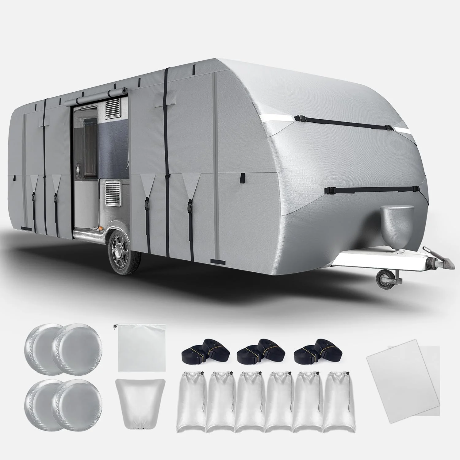 RV Cover - 300D Oxford Travel Trailer Cover, Waterproof, Tear-Resistant, UV & Windproof, Includes Jack and Tire Covers