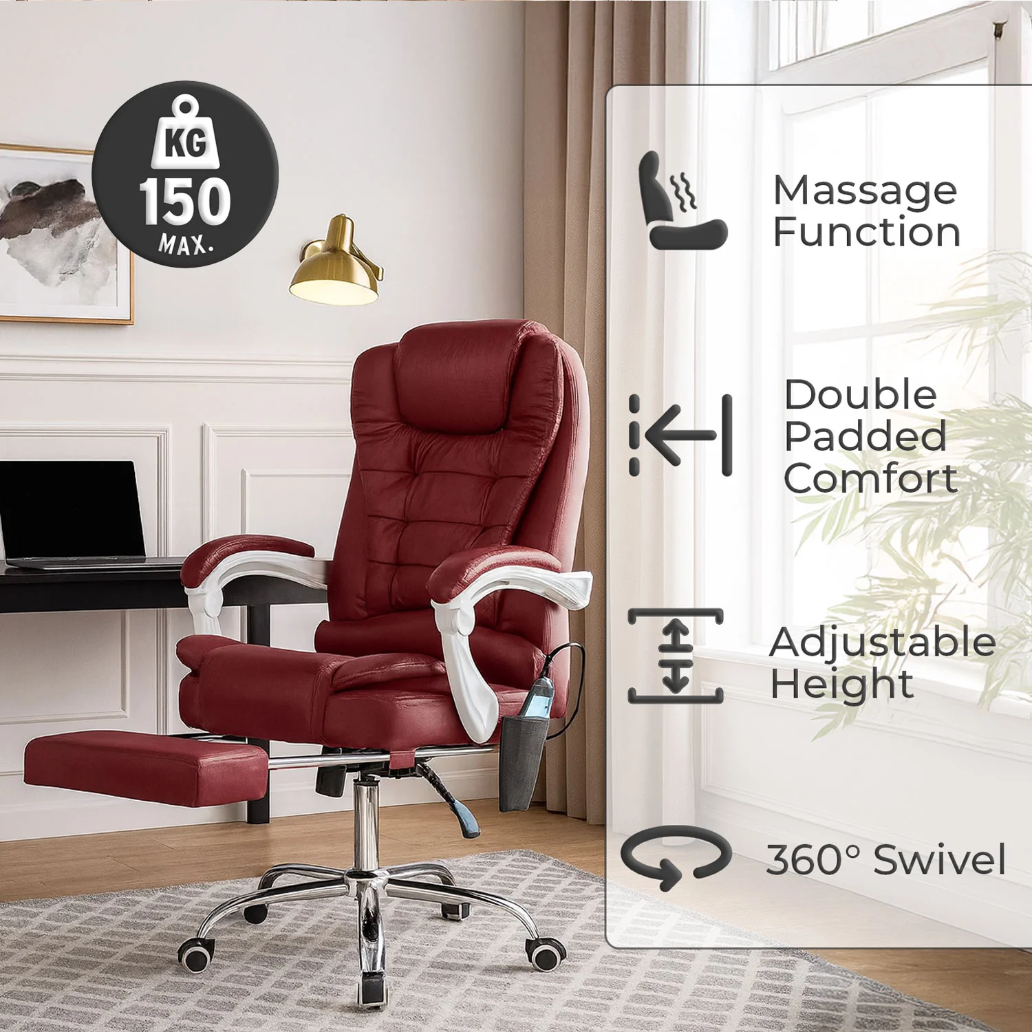 Neo Office Chair Burgundy Faux Leather With Footrest & Massage Function Steel Frame