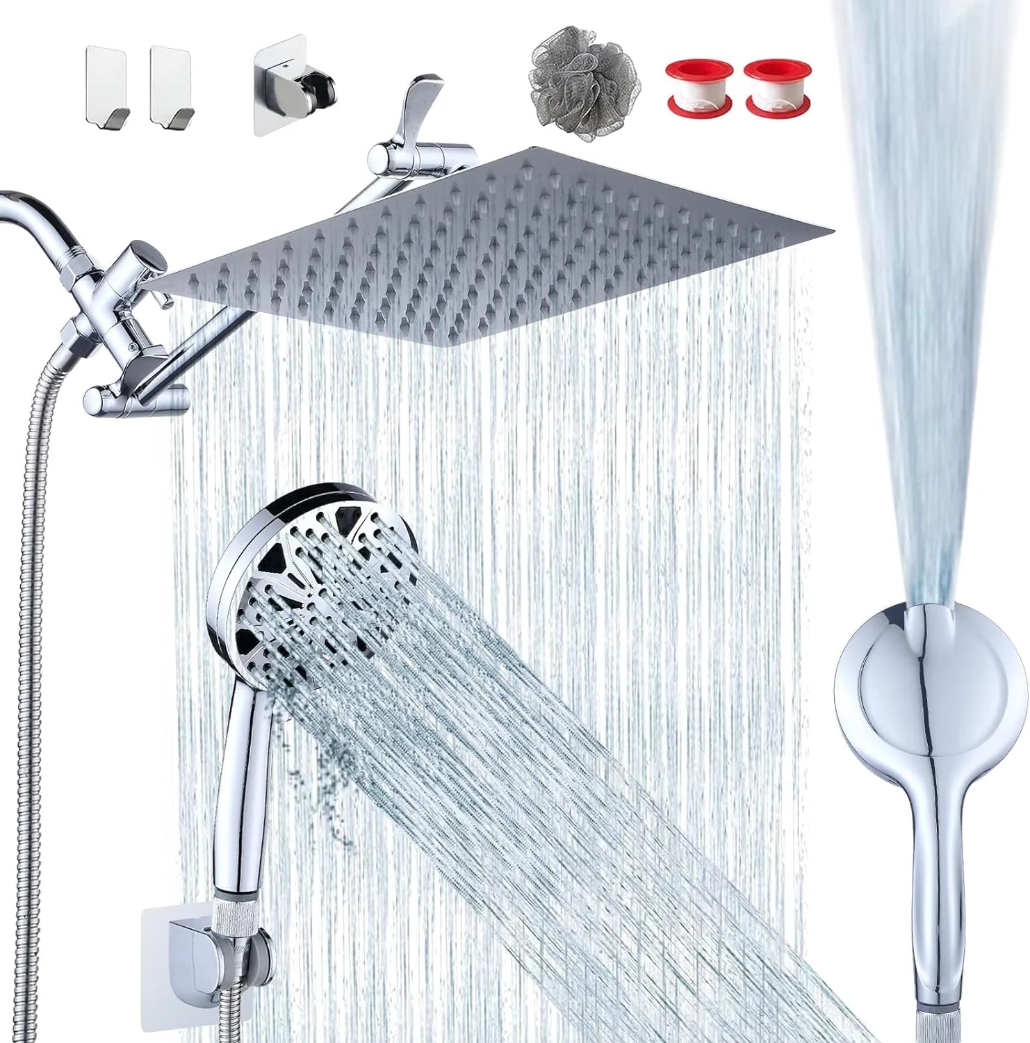 10'' Rainfall Shower Head with Handheld Combo, 8+2 Mode, 11'' Adjustable Extension Arm, 100 Self-Cleaning Nozzles