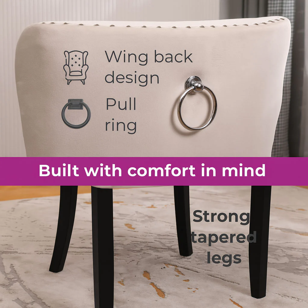 Neo Set Of Two Studded Natural Velvet Dining Chairs with Ring Knocker Detail
