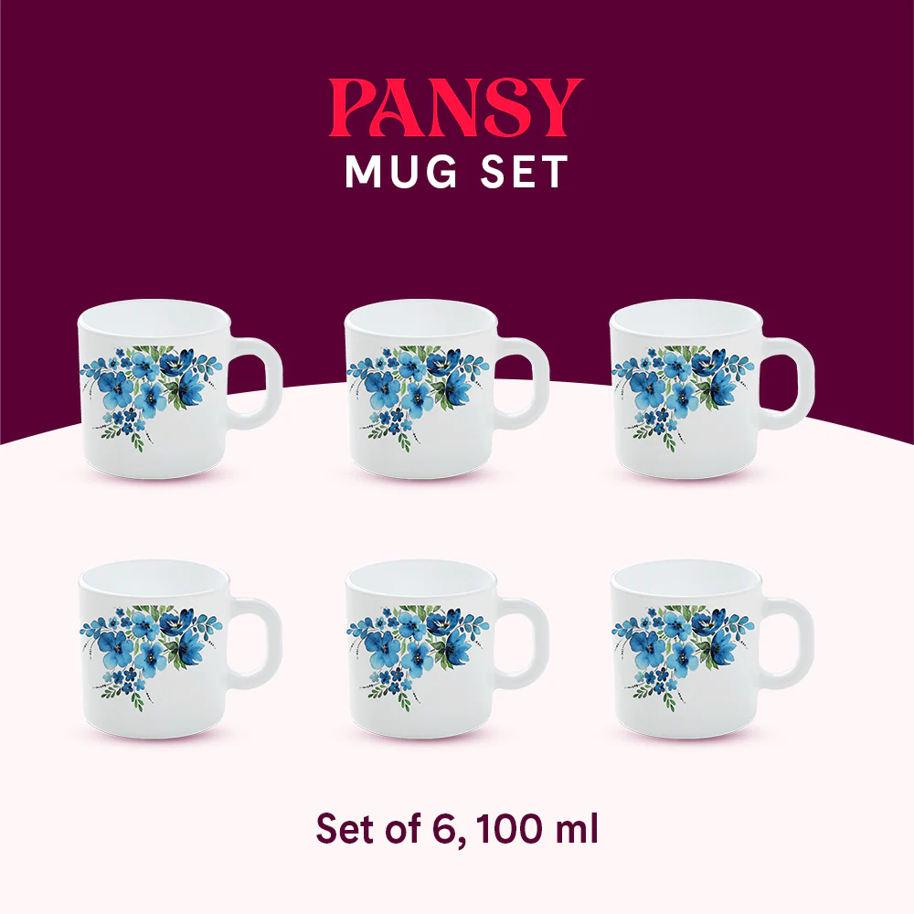 Larah by Borosil Pansy Mug Set, 100ml x 6