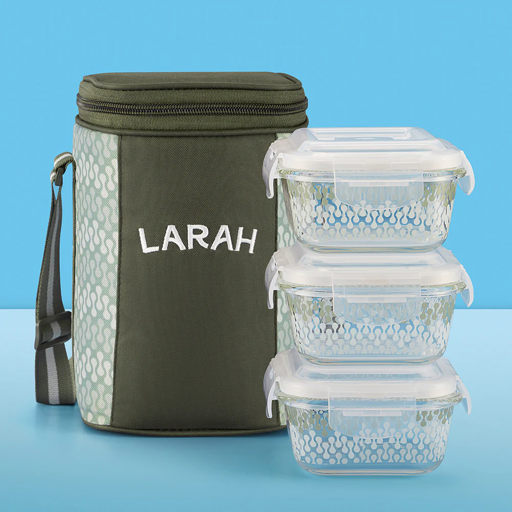 Larah Gracia Glass Lunchbox, Square x 3, 320ml x 3