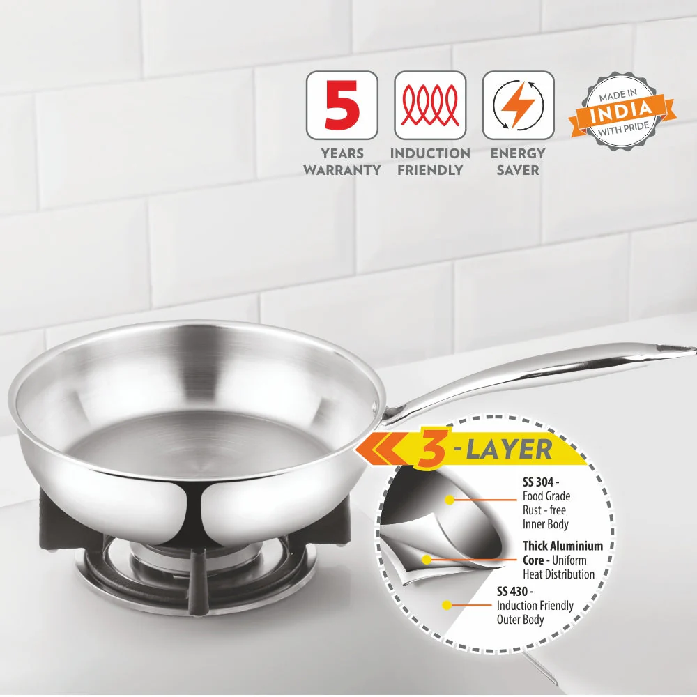Borosil Cookfresh Triply Frying Pan (Steel Handle), 1.3L