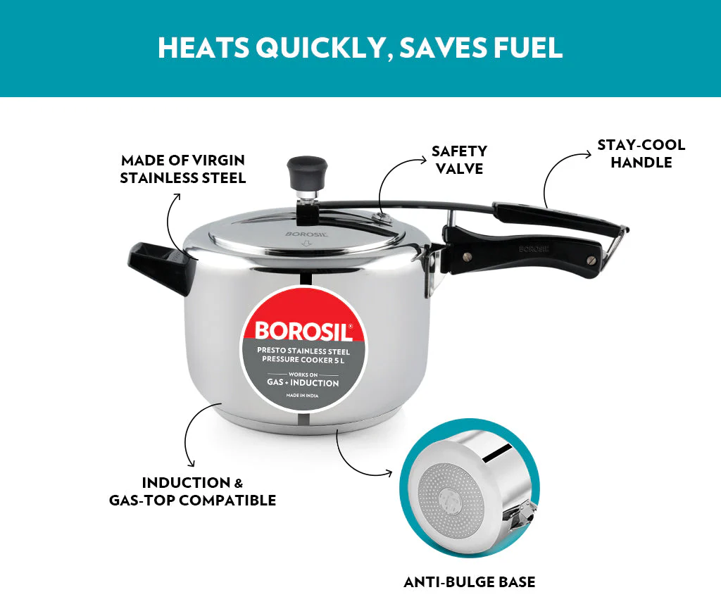 Borosil Presto SS Pressure Cooker, 5L