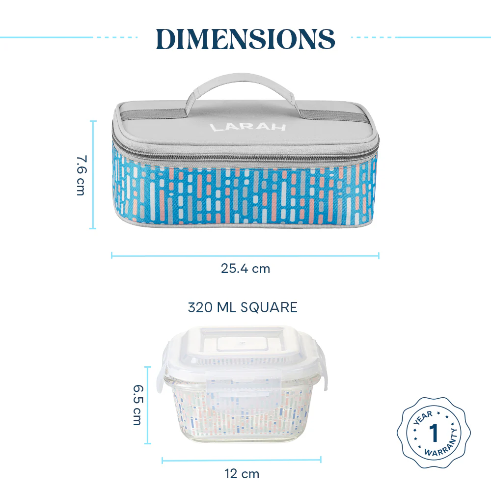 Larah Vogue Glass Lunchbox, Square x 2 (Flat), 320ml x 2