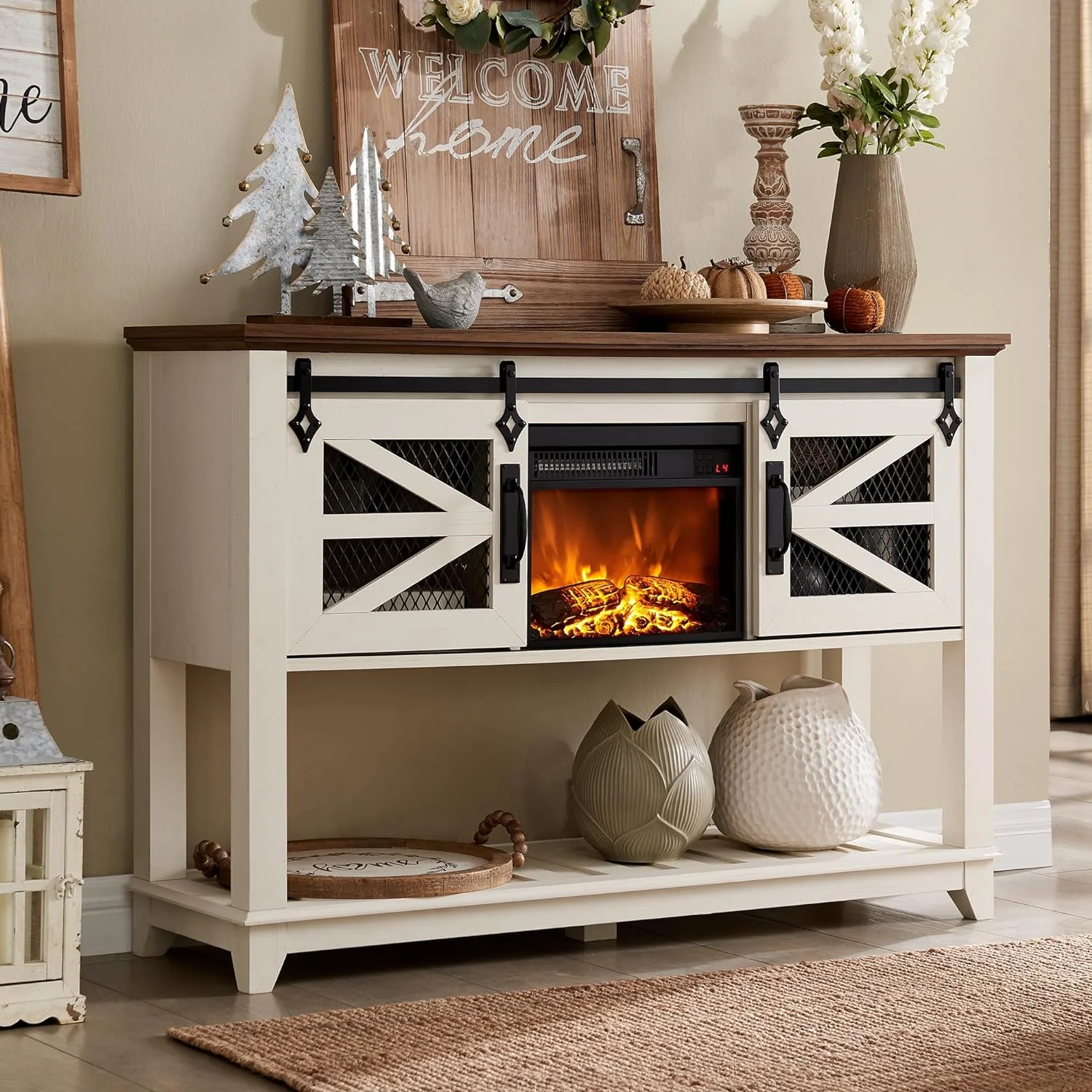 13'' Electric Fireplace Heater & Sliding Barn Doors, 46'' Console Table with Storage