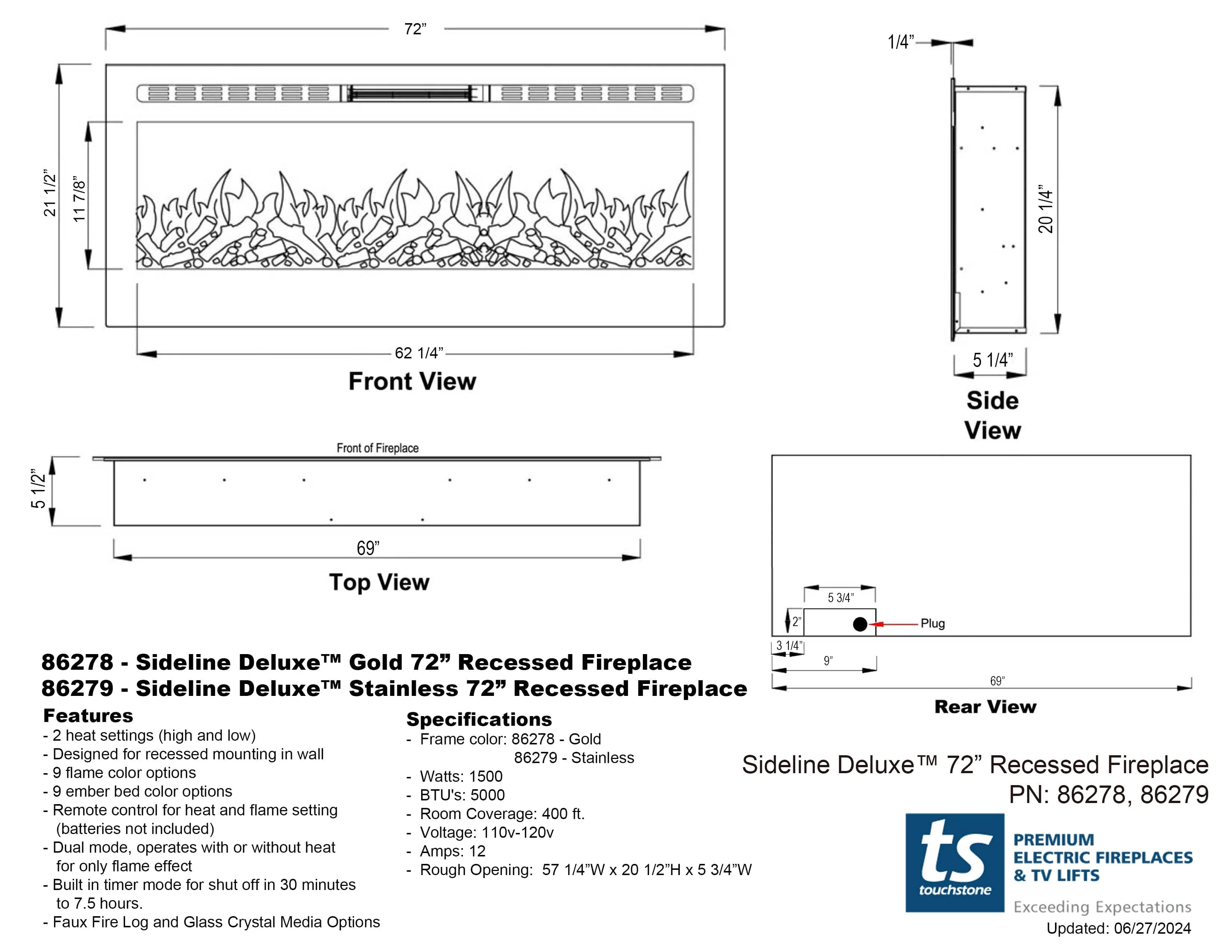 The Sideline Deluxe Stainless Steel 72 Inch Recessed Smart Electric Fireplace 86279