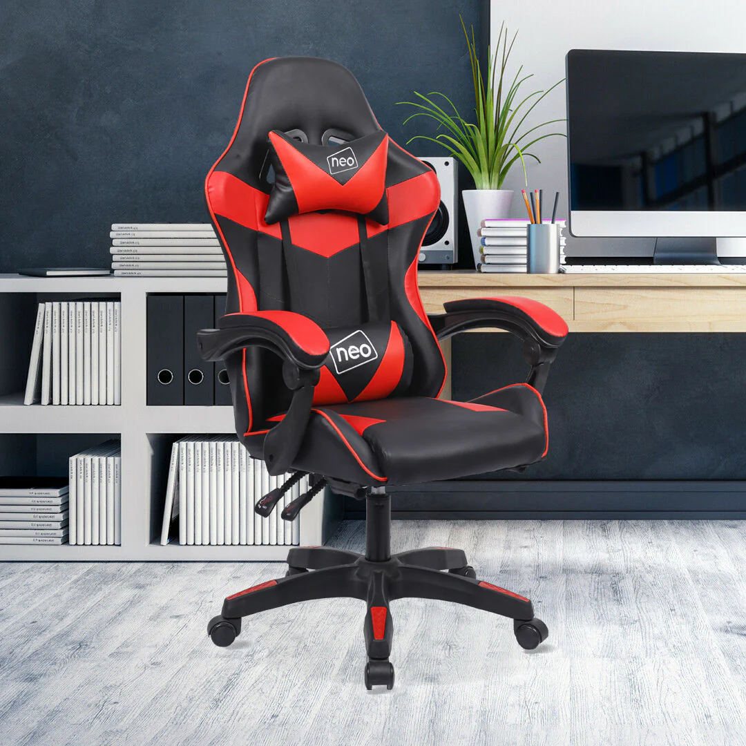 Neo Gaming Chair Red Leather with Footrest, Recliner Swivel