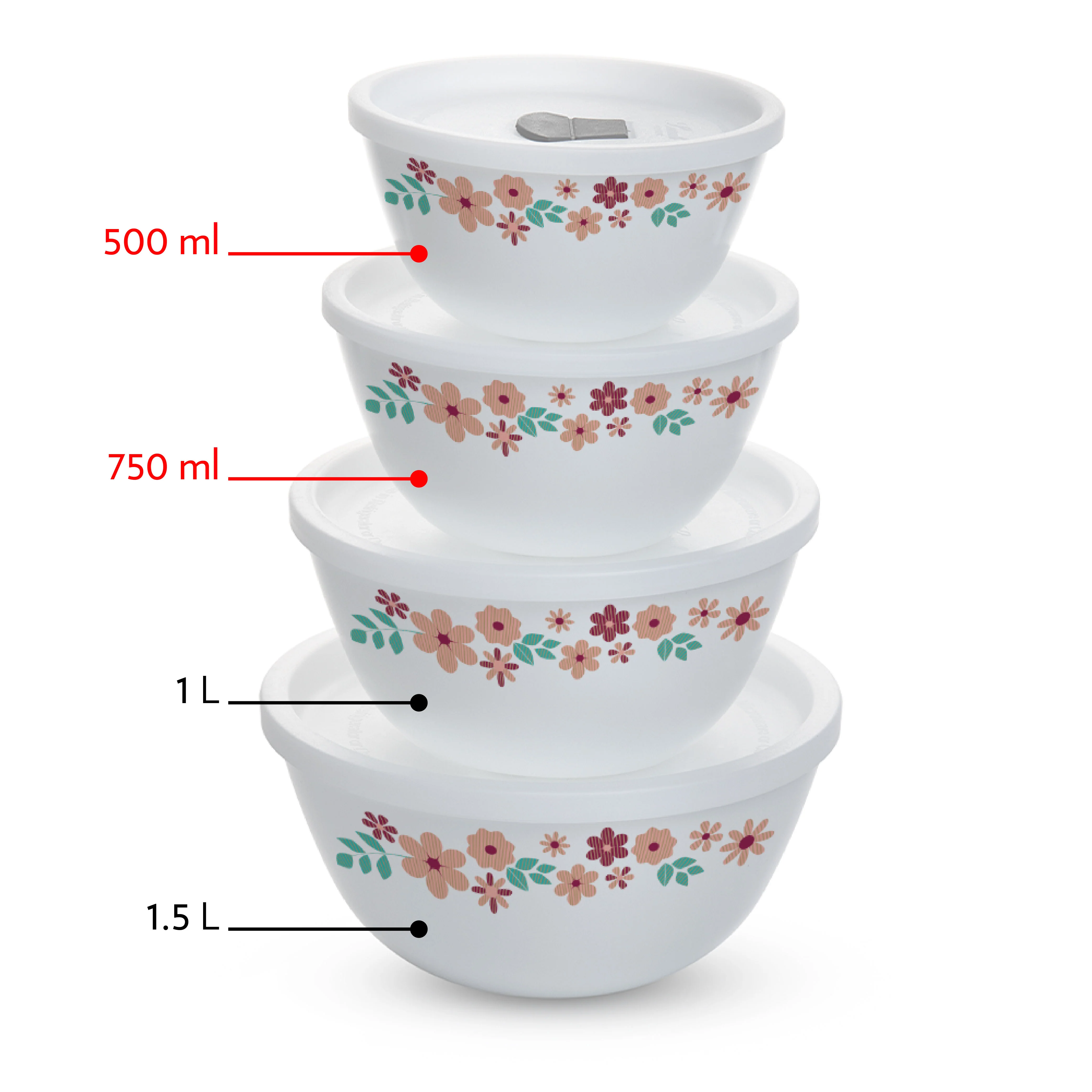 Larah by Borosil Ayana Mixing Bowl Set w Lid, 4 pc Set (500ml + 750ml)