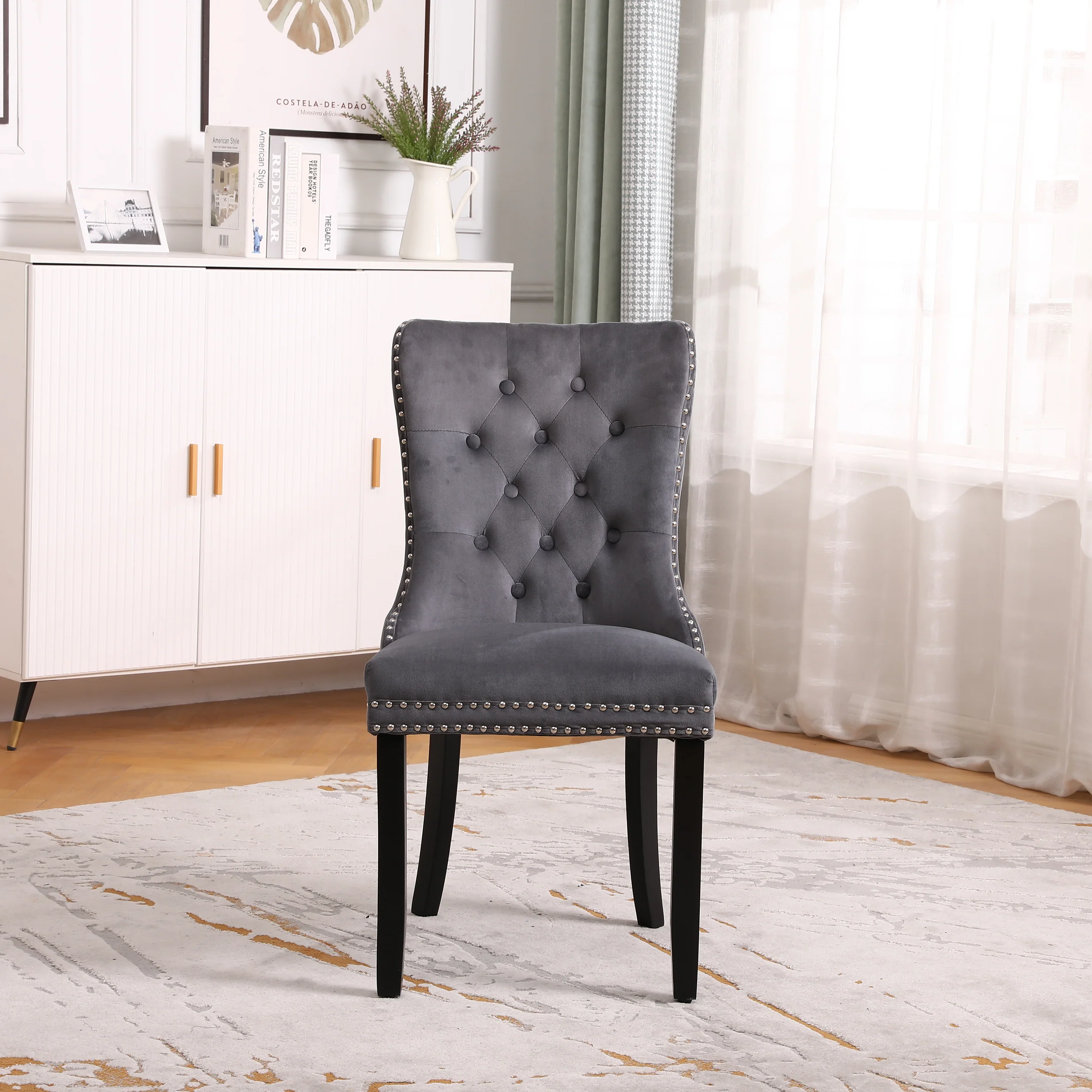 Neo Set of Six Dark Grey Studded Velvet Dining Table Chair with Ring Knocker Detail