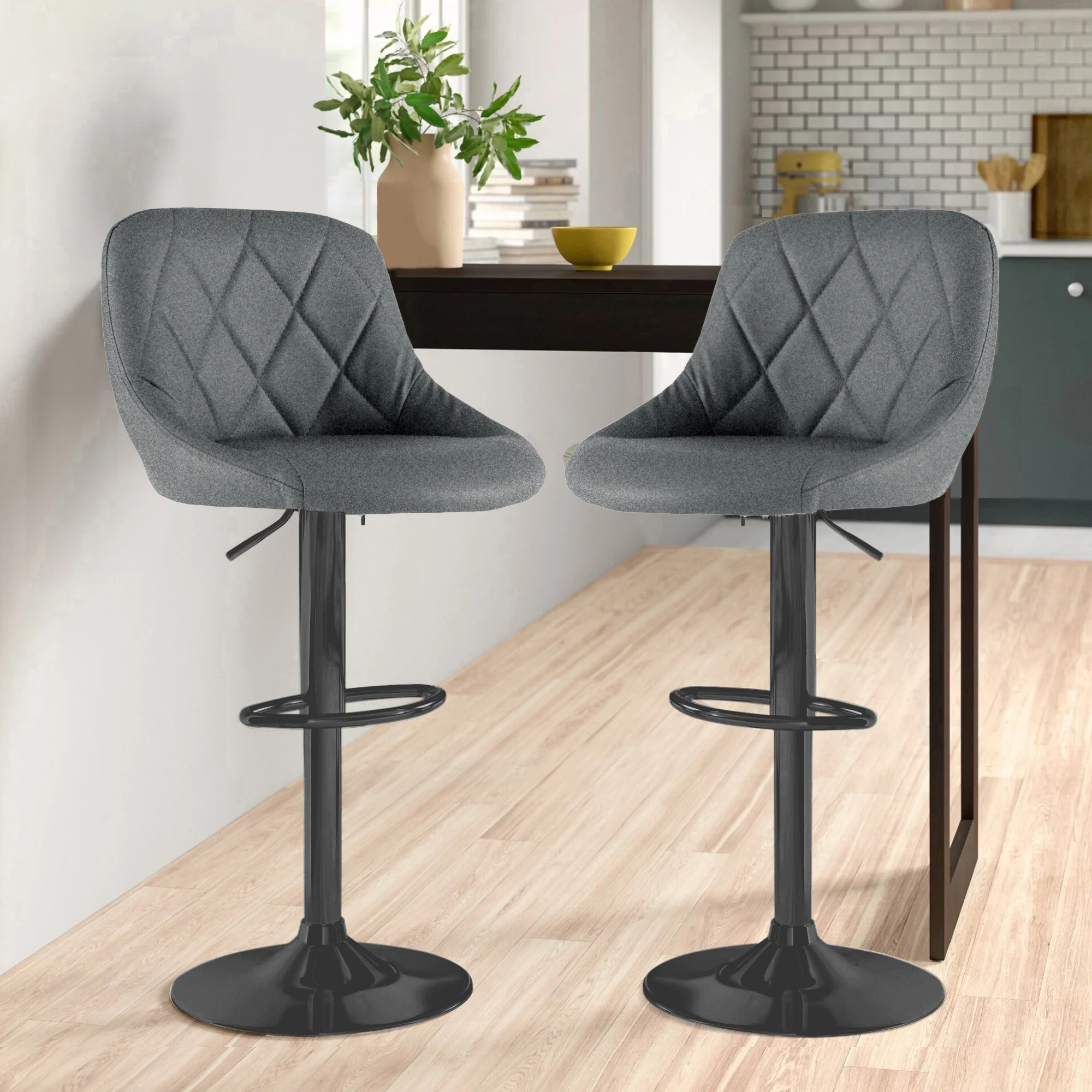 Neo Bar Stool Dark Grey Fabric & Black Steel Base Set of Two