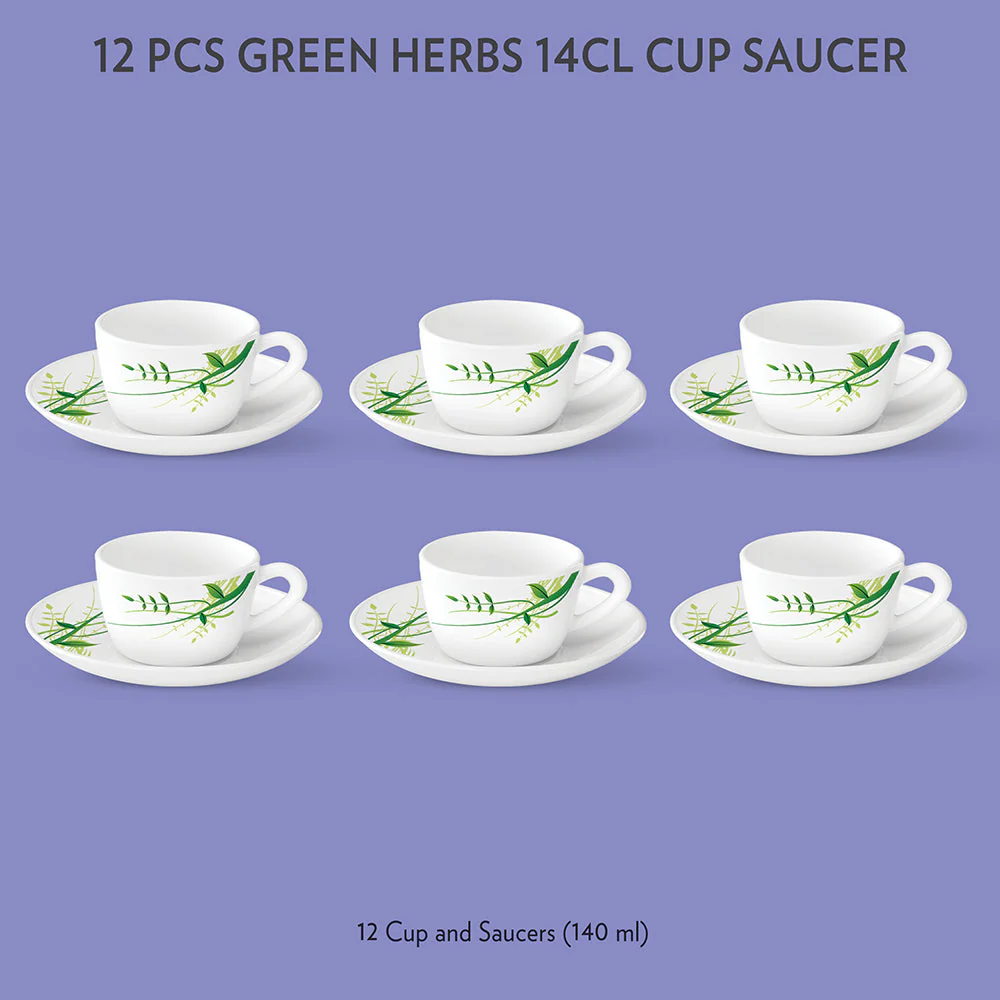Larah by Borosil Green Herbs Cup n Saucer Set, 140ml x 12
