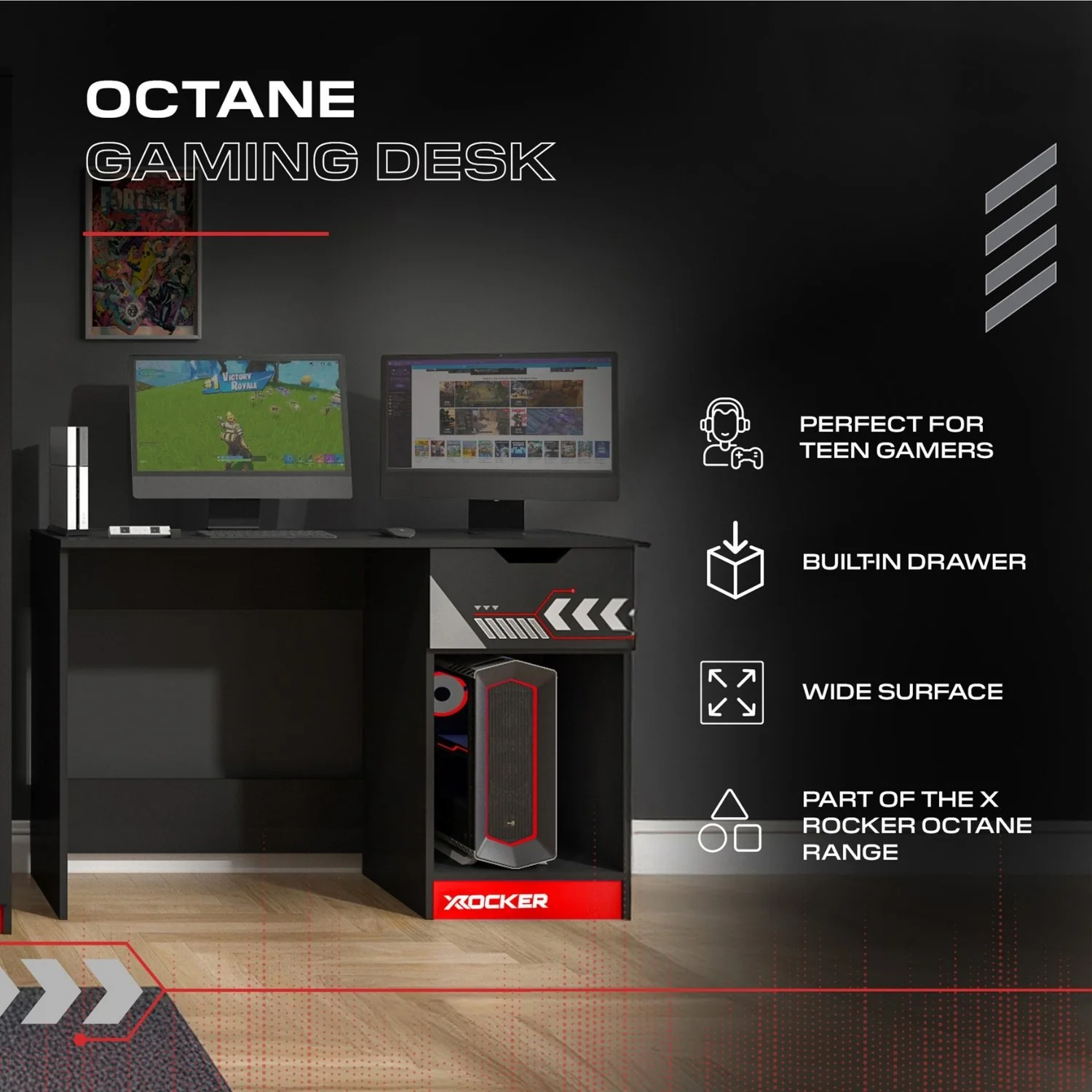 Octane 110cm Gaming Desk with Drawer - Red