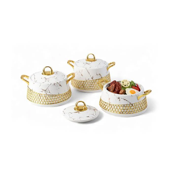 3 Piece Stainless Steel Hot Pot Set White Marble & Gold
