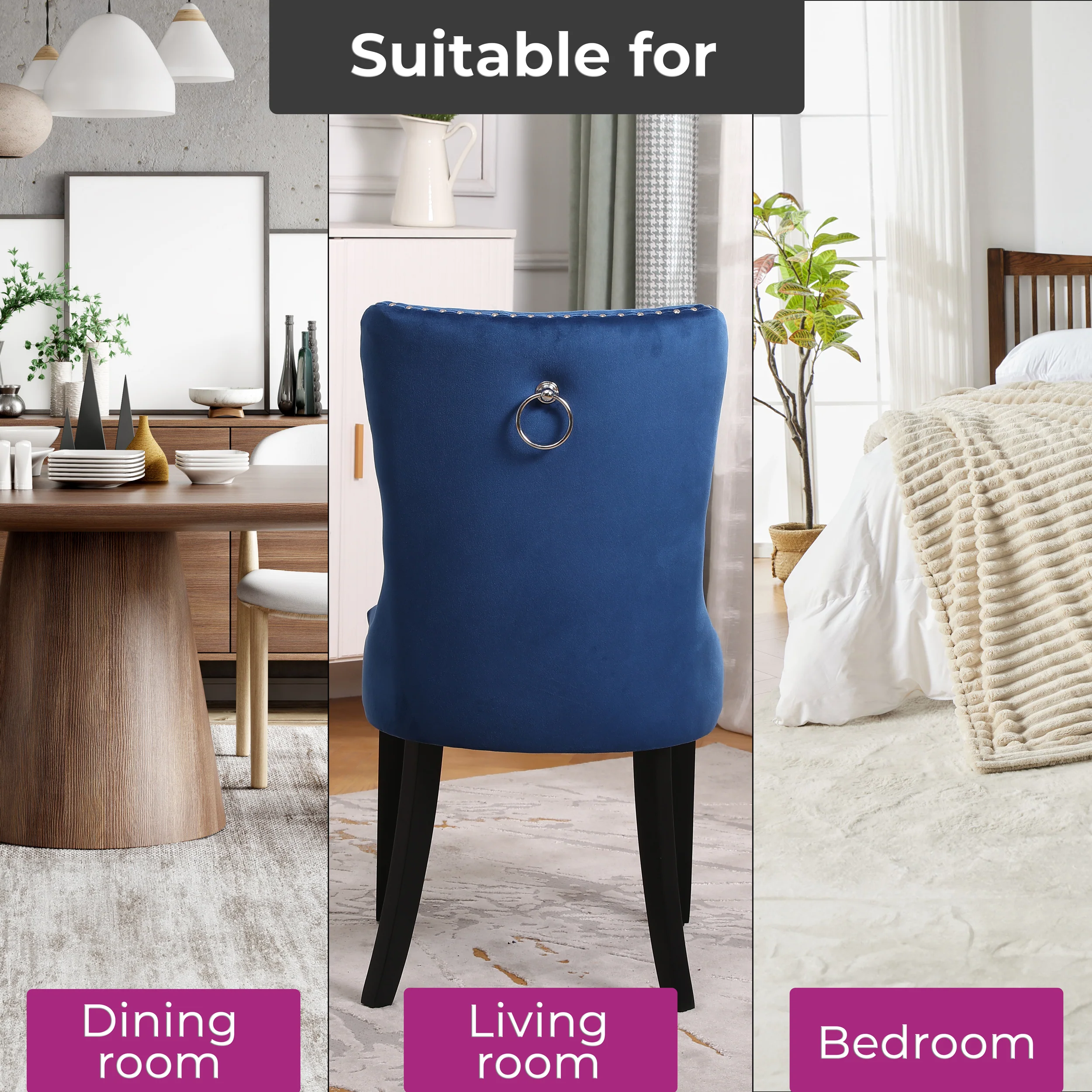 Neo Set Of Six Midnight Blue Studded Velvet Dining Chairs with Ring Knocker Detail