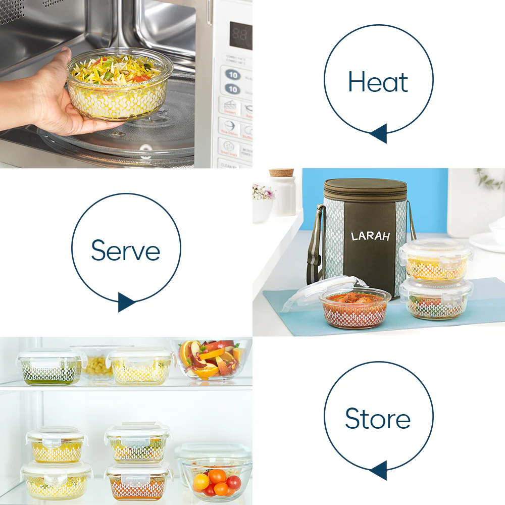Larah Gracia Glass Lunchbox, Round x 3, 400ml x 3