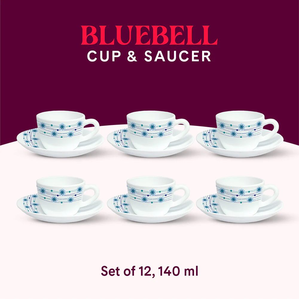 Larah by Borosil Bluebell Cup n Saucer Set, 140ml x 12