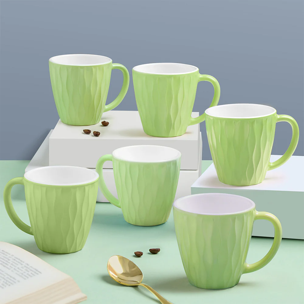 Larah By Borosil Curl Cup Set, Soft Green, 200ml x 6