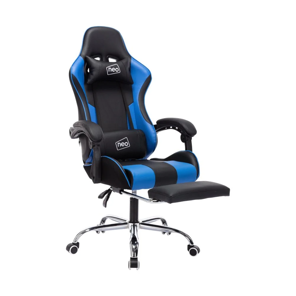 Neo Gaming Chair Blue & Black Leather With Massage Function & Footrest