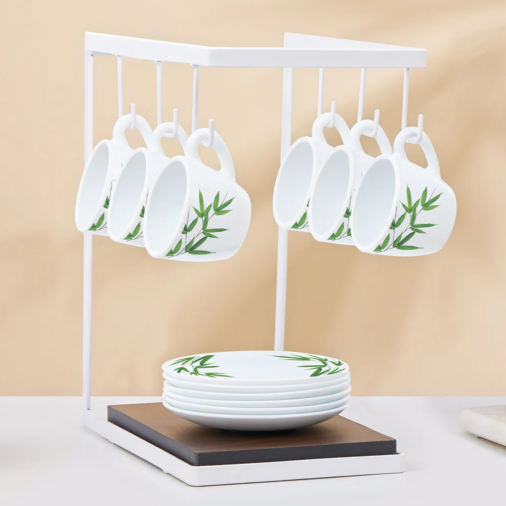 Larah by Borosil Bamboo Leaves Cup n Saucer Set, 90ml x 12