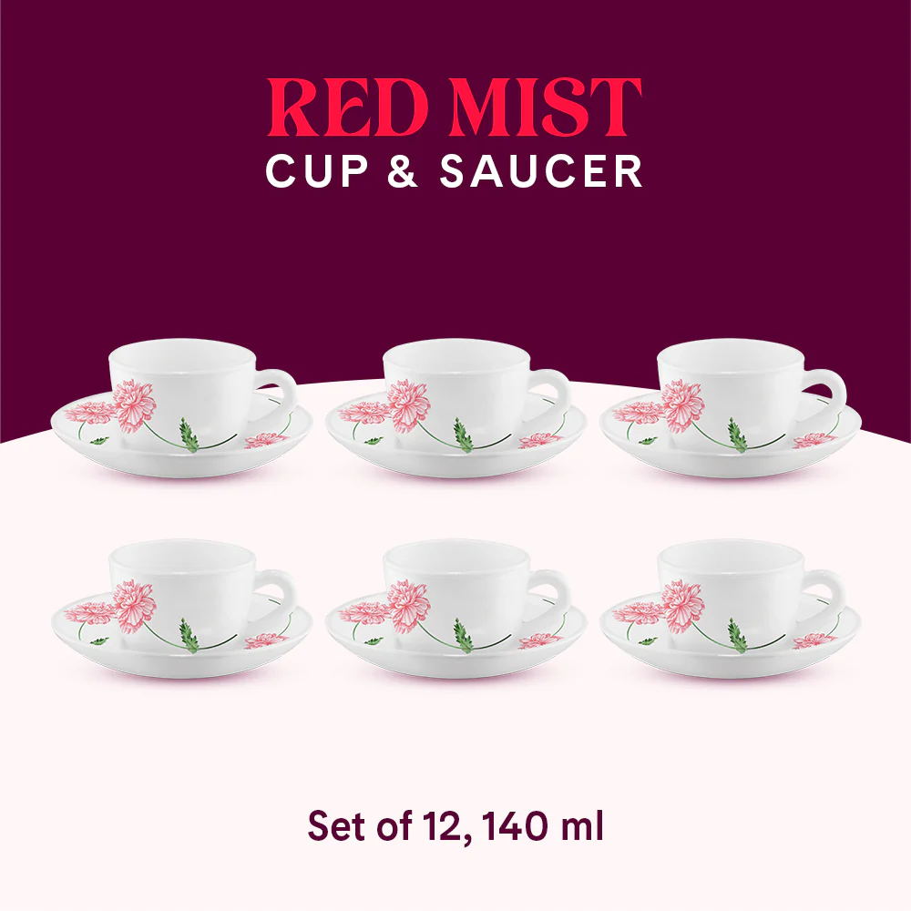 Larah by Borosil Red Mist Cup n Saucer Set, 140ml x 12