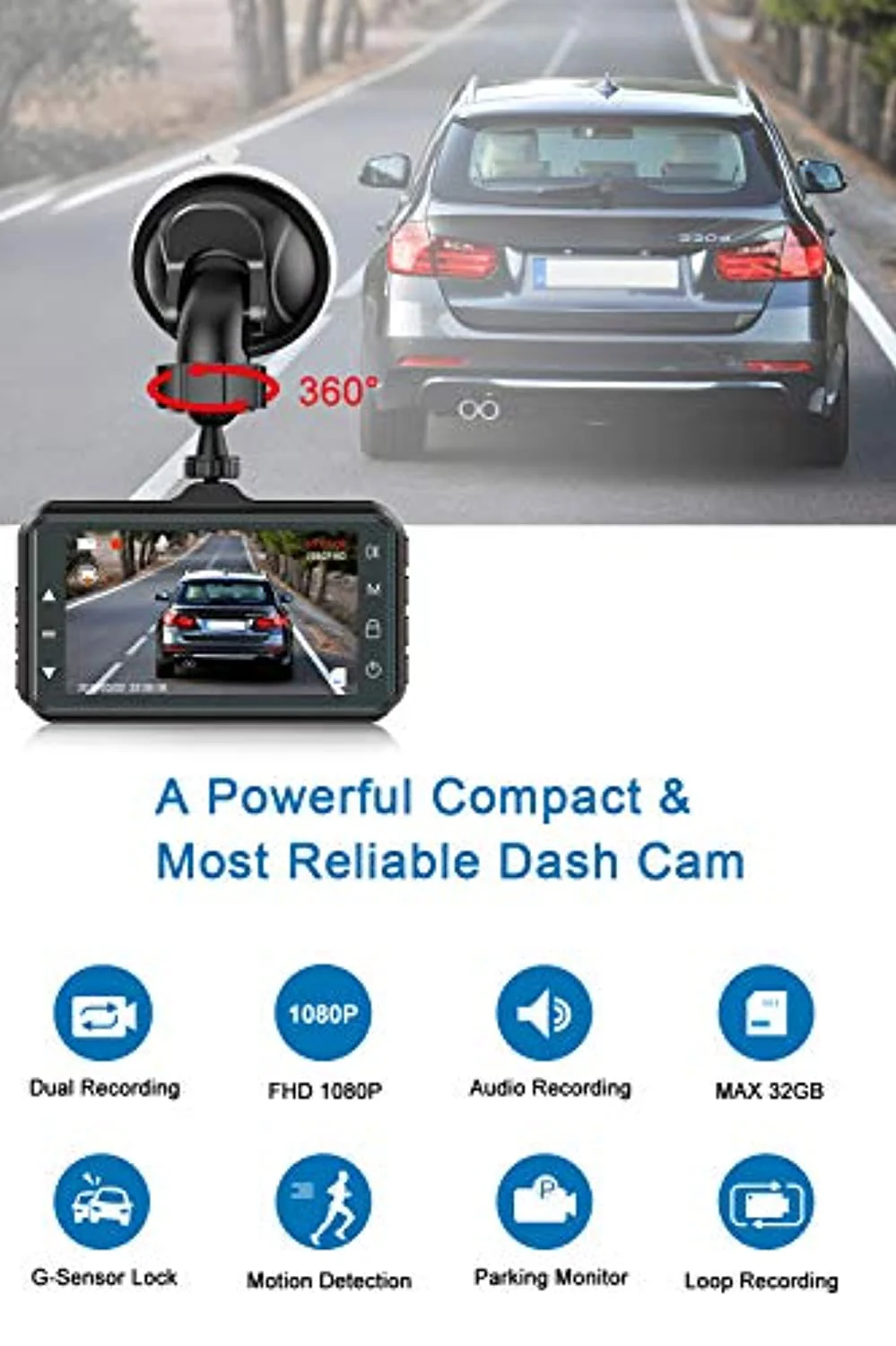 Dash Cam Front and Rear 3 inch Dashboard Camera Full HD