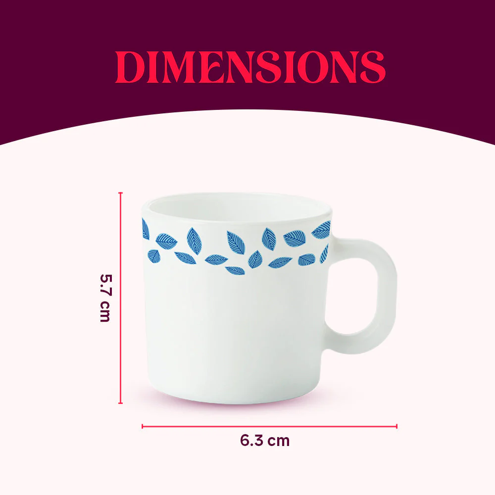 Larah by Borosil Blue Leaves Mug Set, 180ml x 6