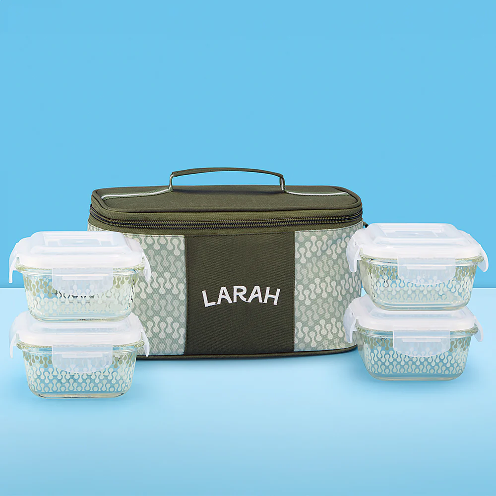 Larah Gracia Glass Lunchbox, Square x 4, 320ml x 4