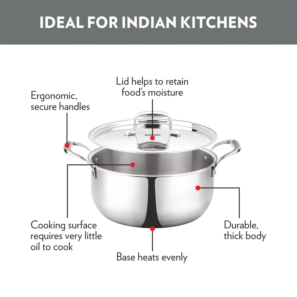 Borosil Cookfresh Triply Casserole (Steel Handle + Lid), 4.6L