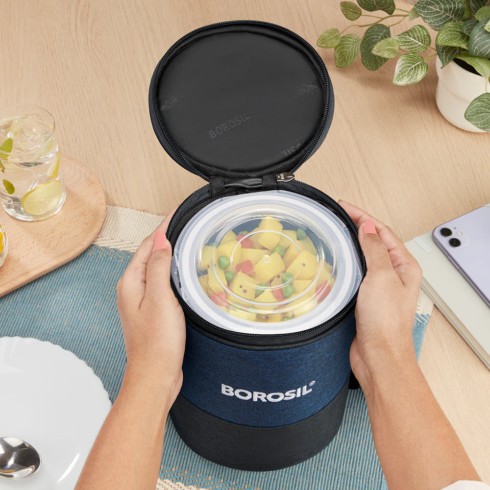 Elite Blue Grey Glass Lunch Box, Round x 3 (Tall), Set of 3, 400ml