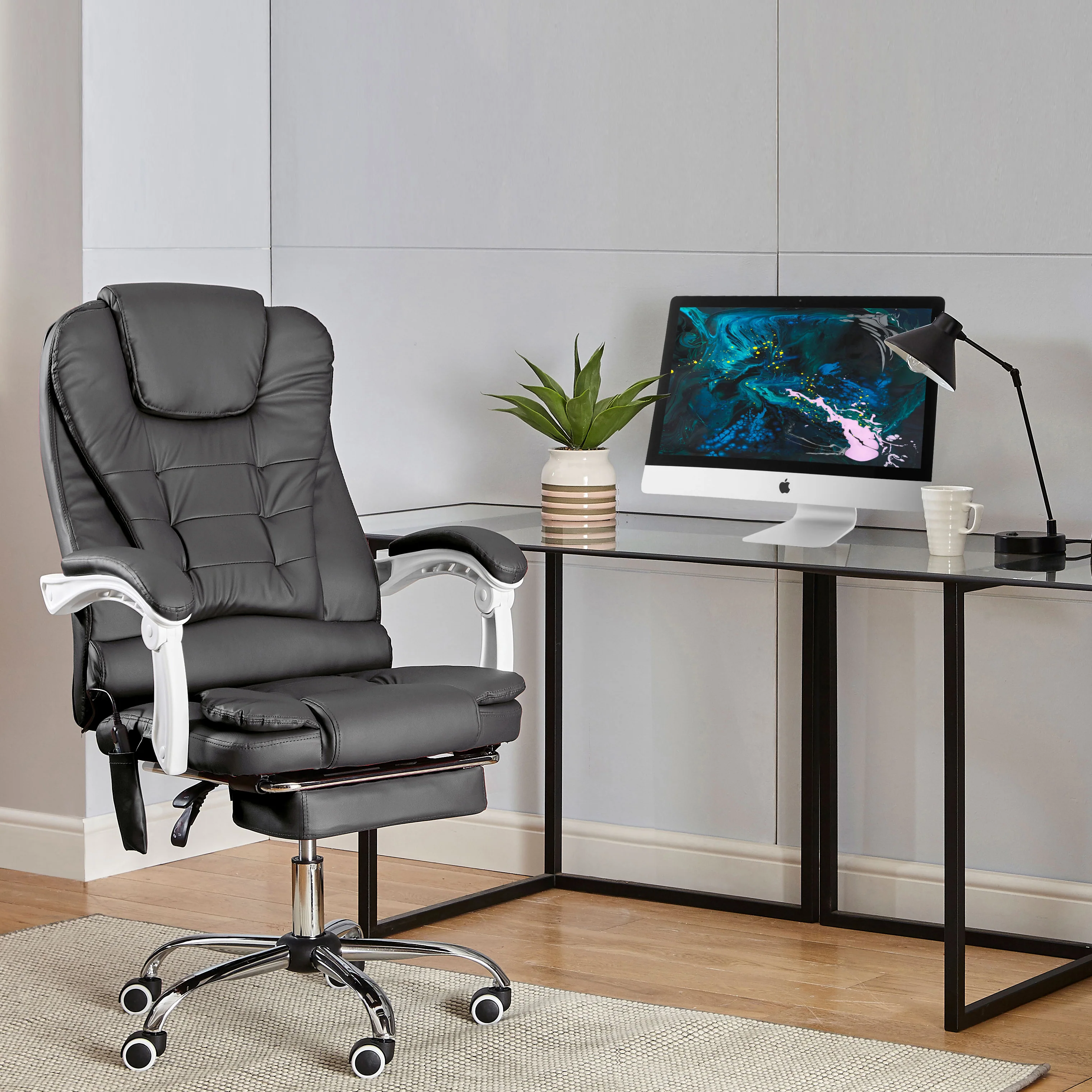 Neo Office Chair Dark Grey Faux Leather With Footrest & Massage Function