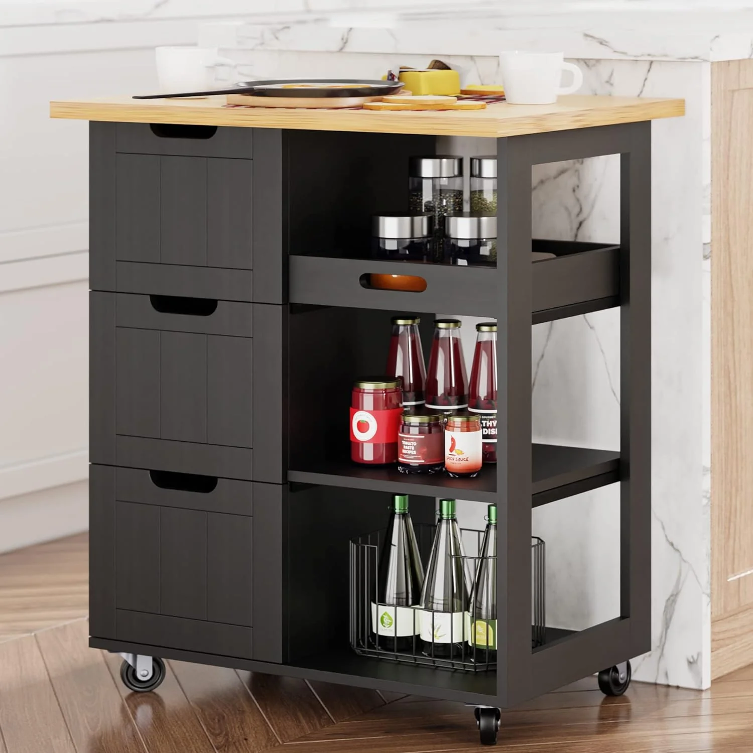 Small Kitchen Island on Wheels with 3-Tier Side Spice Rack and Rubber Wood Top