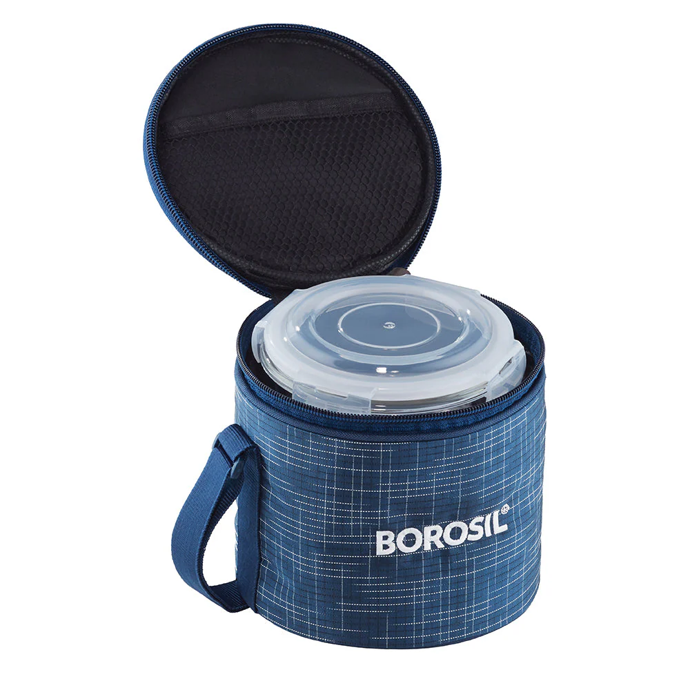 Borosil Indigo Glass Lunchbox, Round x 2 (Tall Bag), 400ml x 2