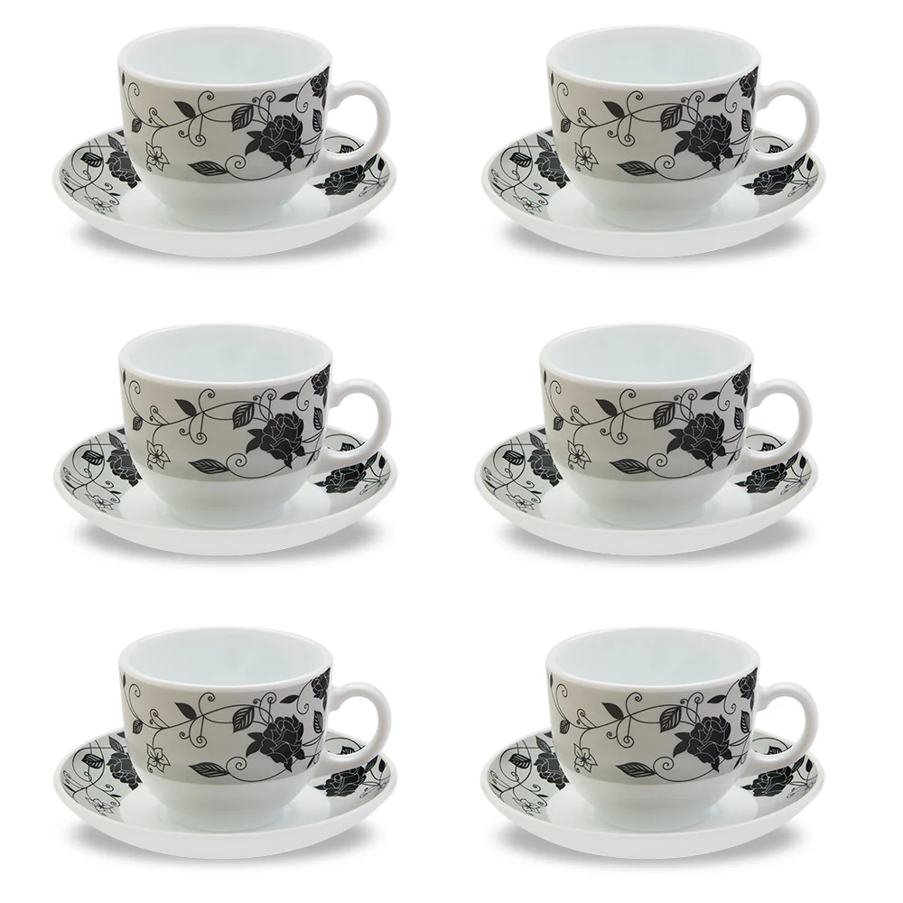 Larah by Borosil Rosa Black Cup n Saucer Set, 220ml x 12