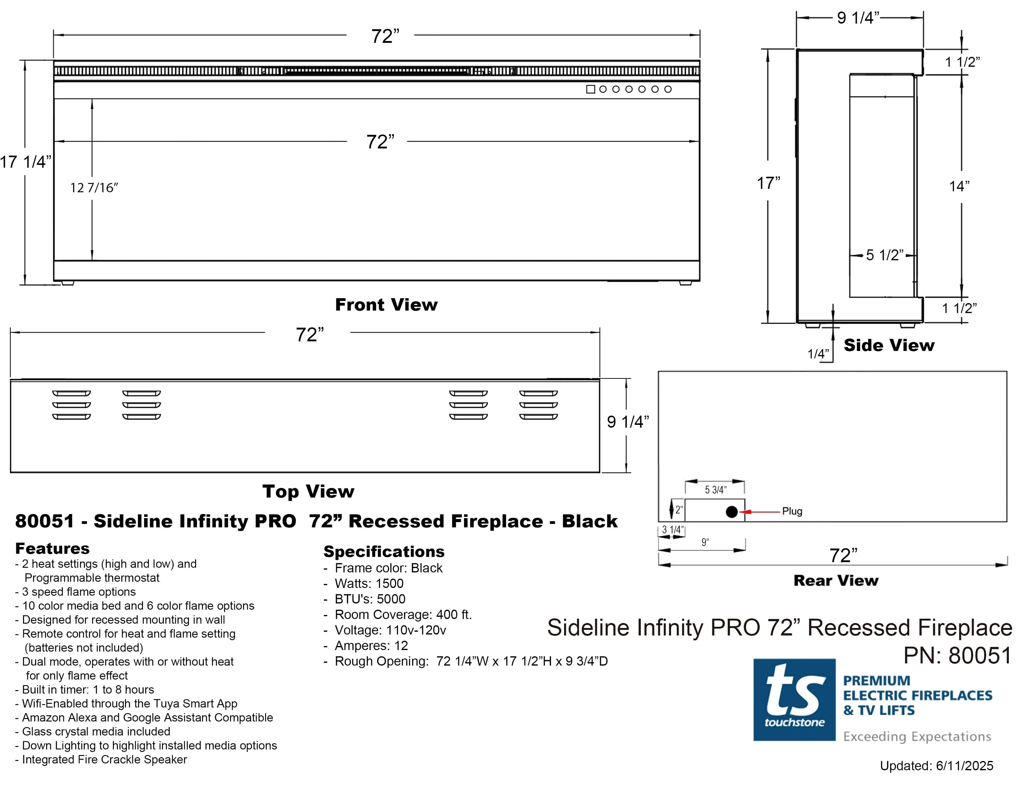 Sideline Infinity Pro 72 Inch 3 Sided Recessed Smart Electric Fireplace 80051