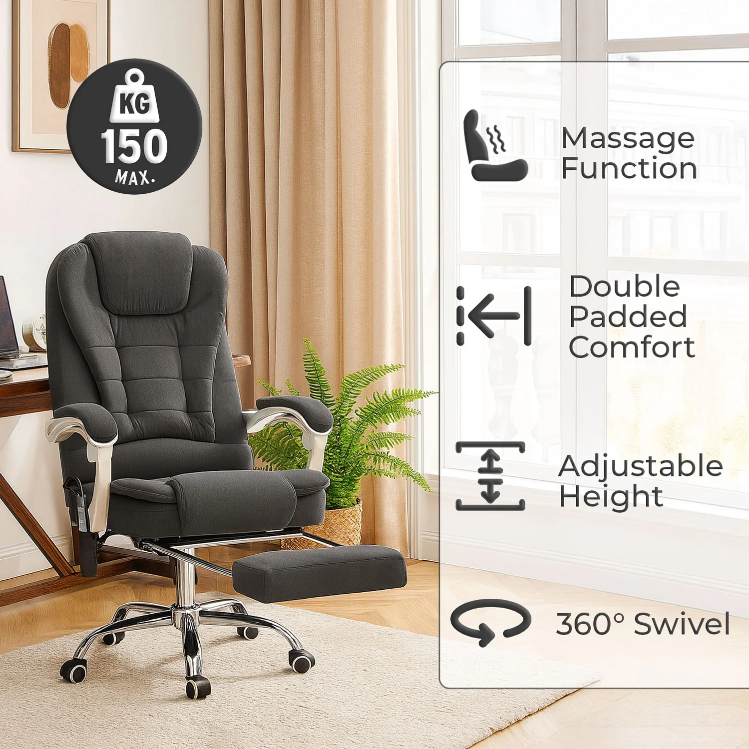 Neo Office Chair Dark Grey Fabric With Footrest & Massage Function