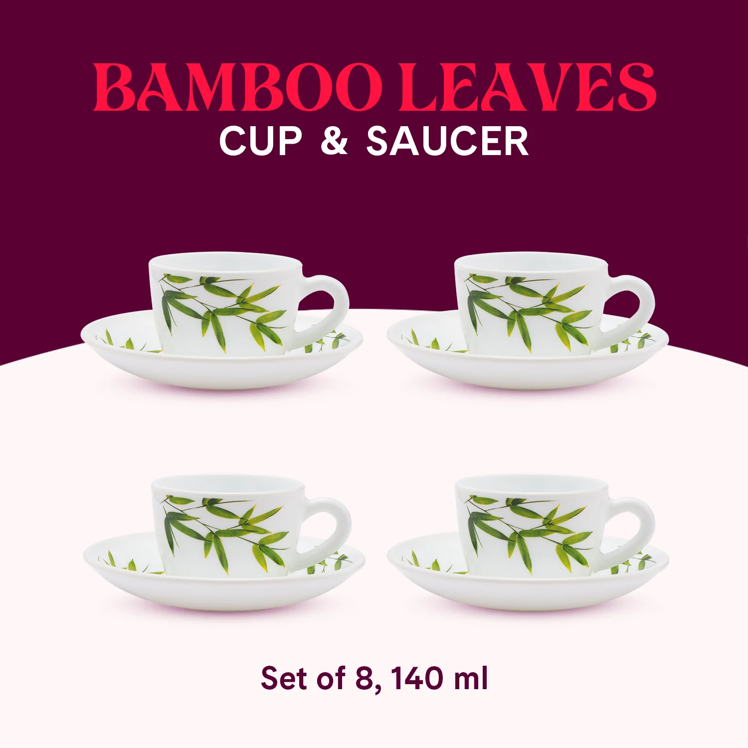 Larah by Borosil Bamboo Leaves Cup n Saucer Set, 140ml x 8