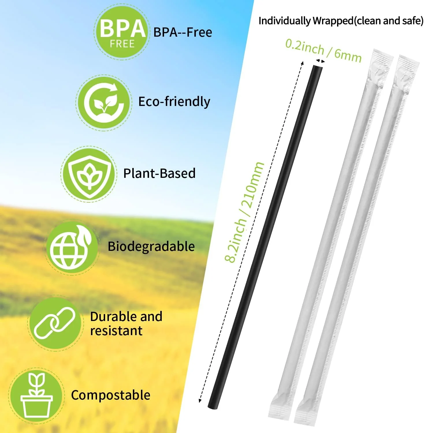Biodegradable Compostable Individually Wrapped Straws, PLA Disposable Plant Based Eco Friendly Straws 8.25