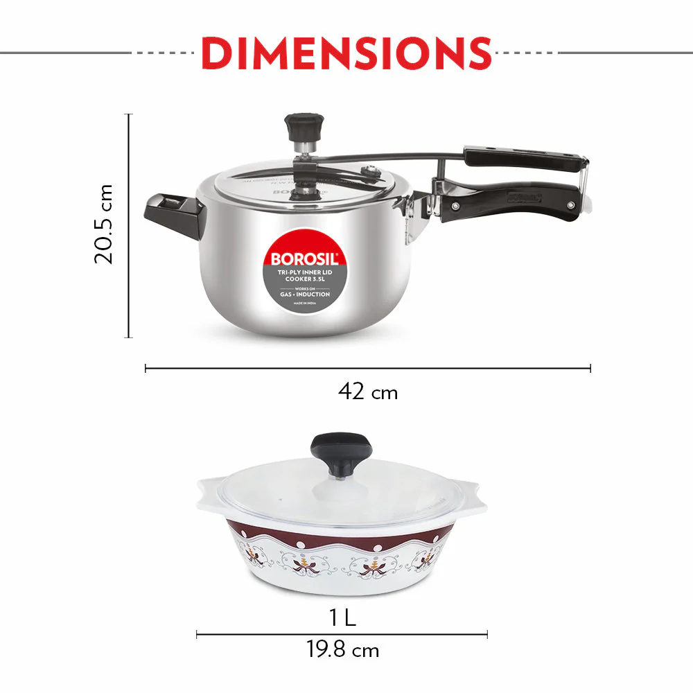 Borosil Home Chef Set-Buy Inner Lid Pressure Cooker 3.5 L & Get 1 L x 2 Casseroles with Lid Free Worth ₹ 1,499/-