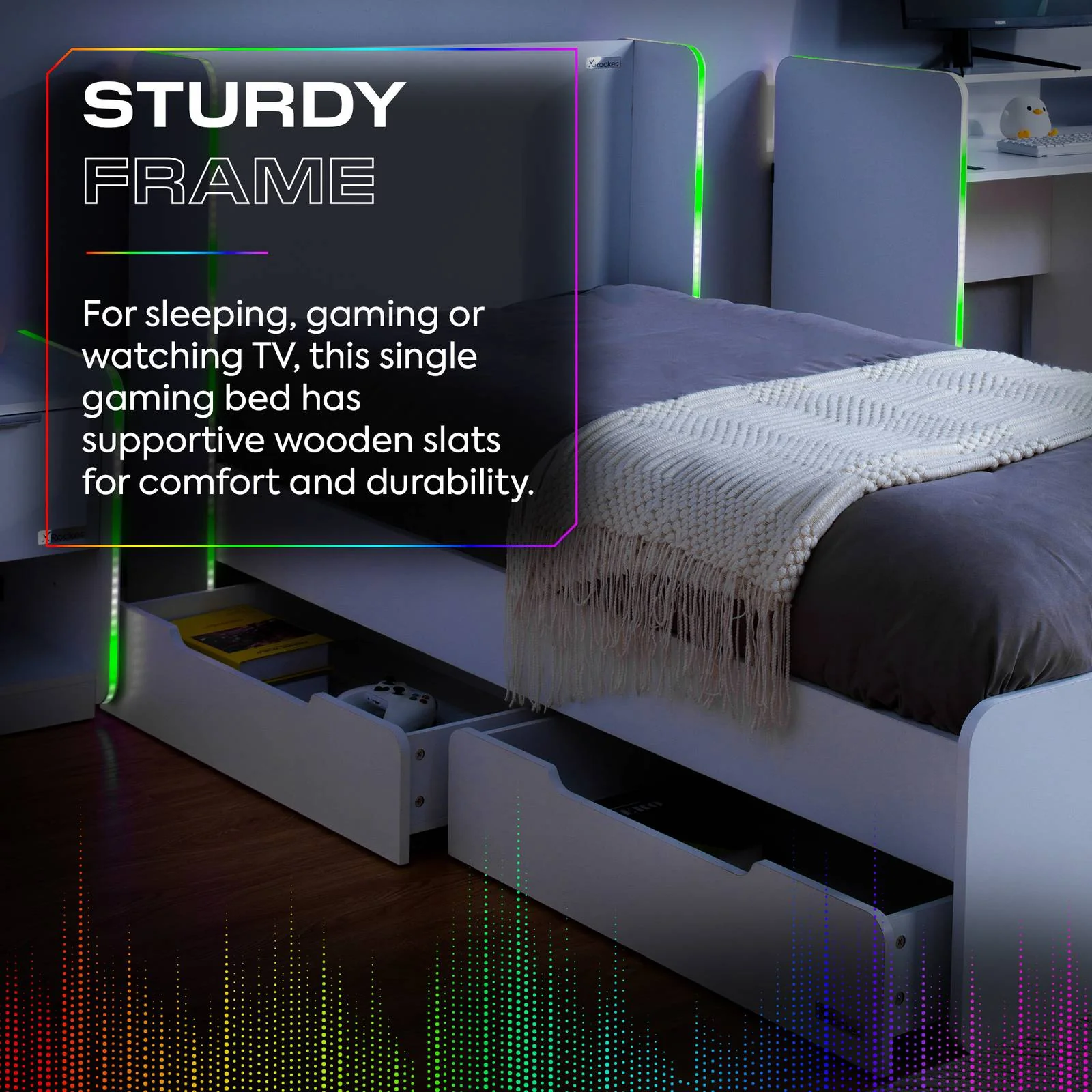 Electra LED Single Gaming Bed with Drawers - White RGB