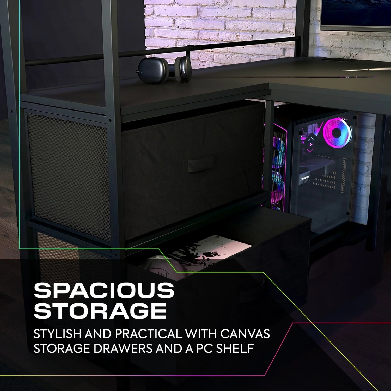 Battlebunk XL RGB Double High Sleeper Gaming Bunk Bed with Desk - Black