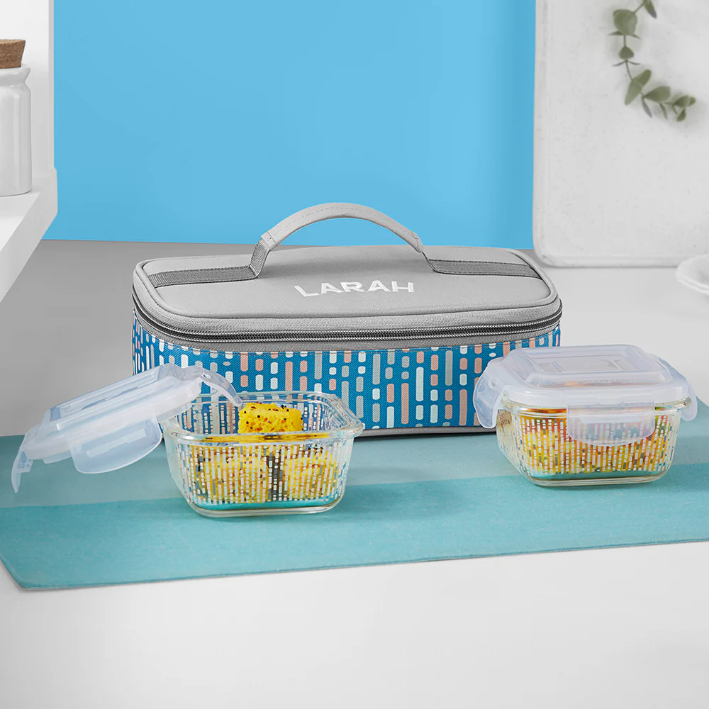 Larah Vogue Glass Lunchbox, Square x 2 (Flat), 320ml x 2